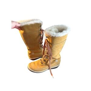 Timberland Tall Lace Up Boots Womens 8M‎ Wheat Brown Faux Fur Winter Warm